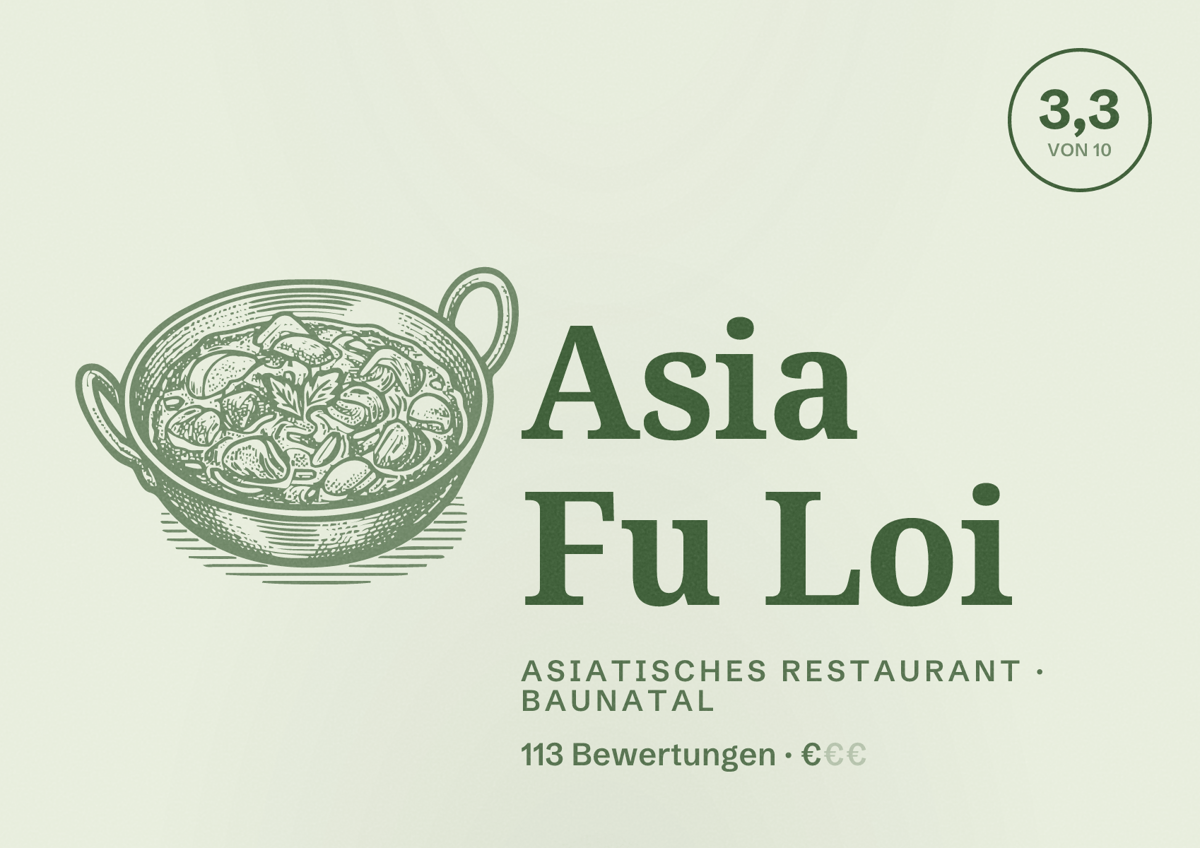 Illustriertes Poster von Asia Fu Loi, Asiatisches Restaurant in Baunatal: Bewertung 3,3 von 10 aus 113 Bewertungen, Preisniveau €