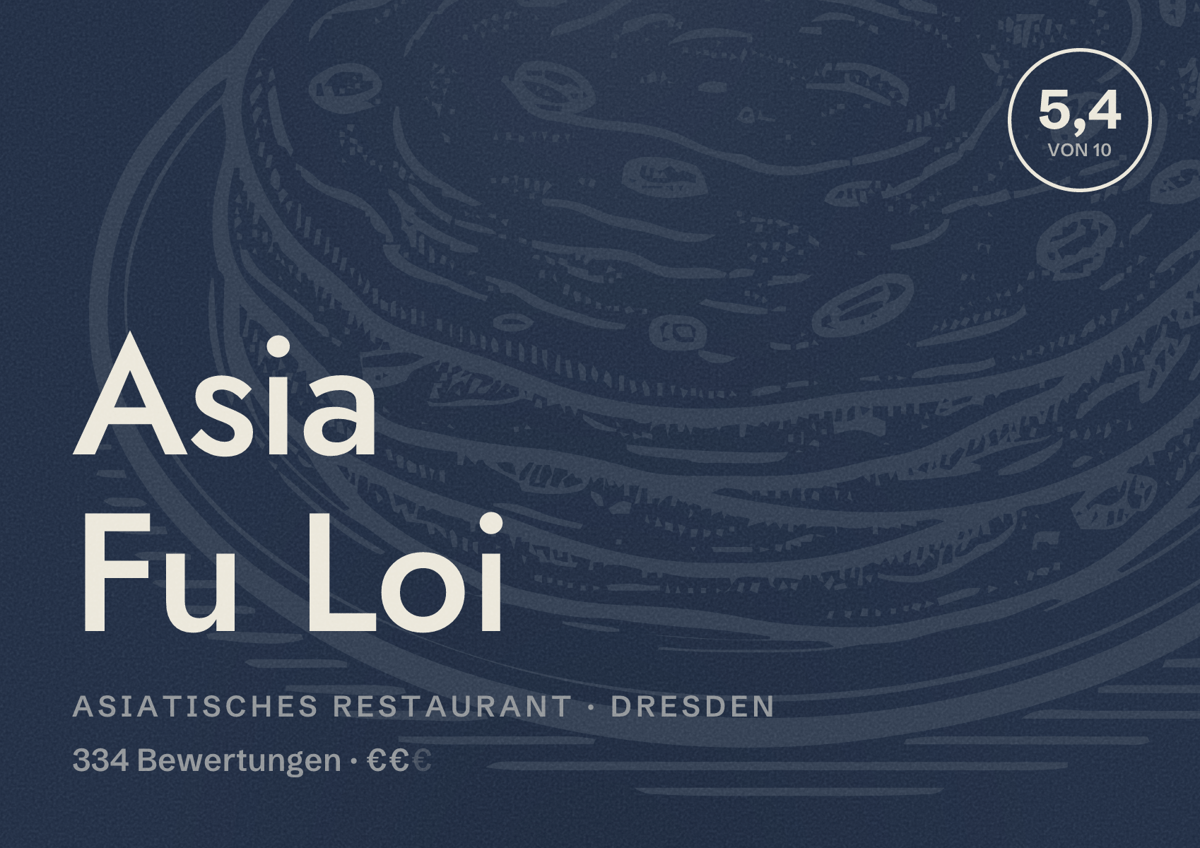 Illustriertes Poster von Asia Fu Loi, Asiatisches Restaurant in Dresden: Bewertung 5,4 von 10 aus 334 Bewertungen, Preisniveau €€