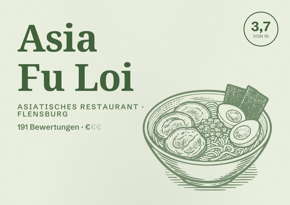 Illustriertes Poster von Asia Fu Loi, Asiatisches Restaurant in Flensburg: Bewertung 3,7 von 10 aus 191 Bewertungen, Preisniveau €