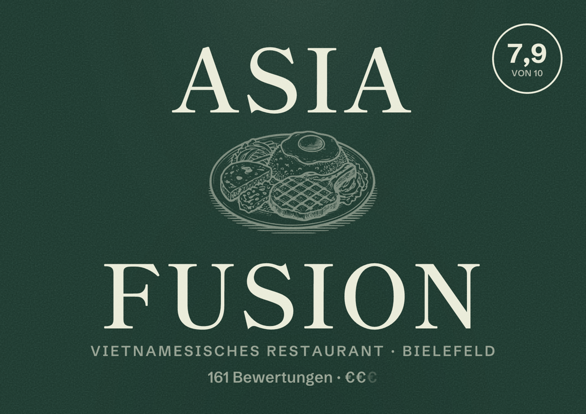 Illustriertes Poster von Asia Fusion, Vietnamesisches Restaurant in Bielefeld: Bewertung 7,9 von 10 aus 161 Bewertungen, Preisniveau €€