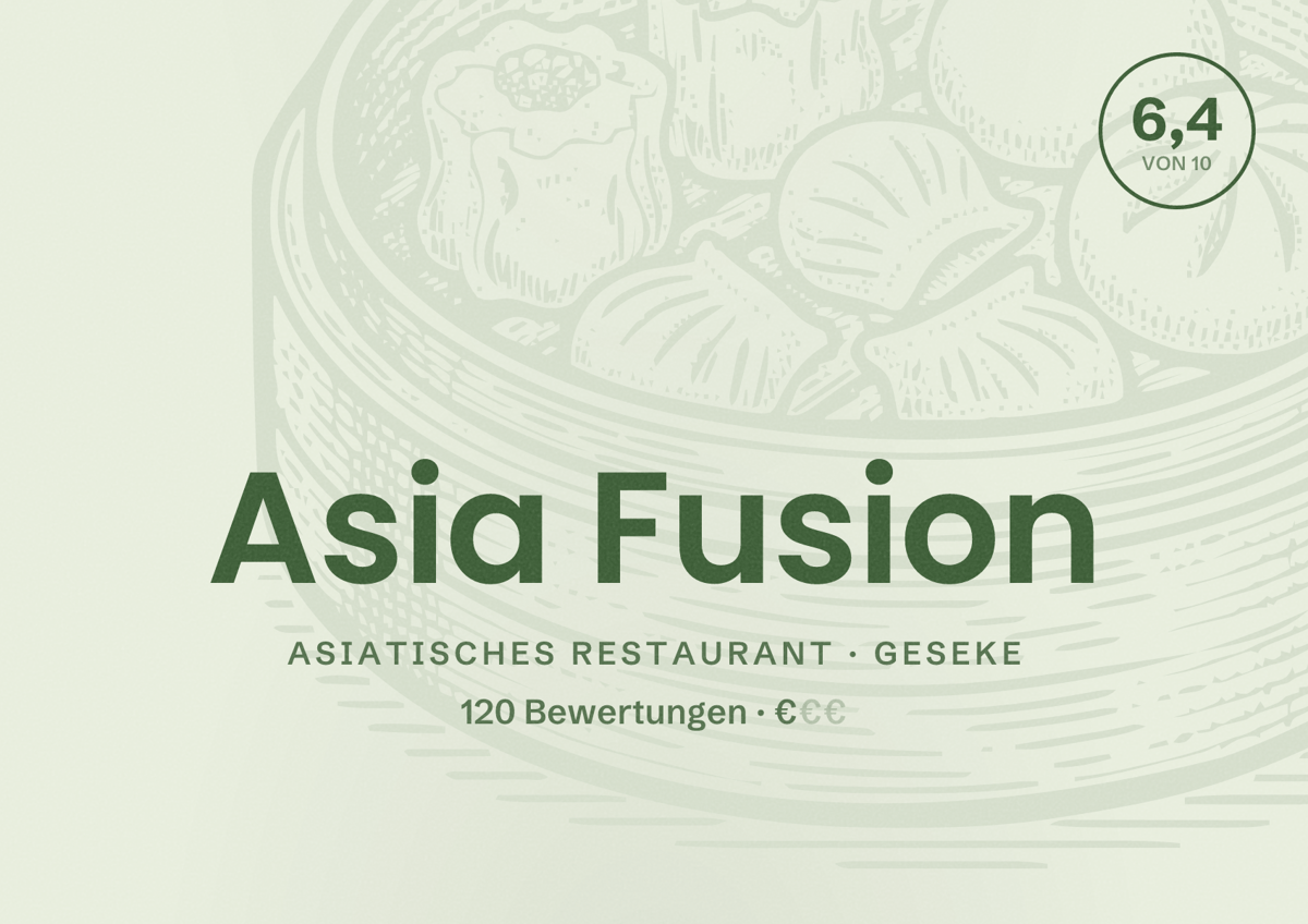 Illustriertes Poster von Asia Fusion, Asiatisches Restaurant in Geseke: Bewertung 6,4 von 10 aus 120 Bewertungen, Preisniveau €