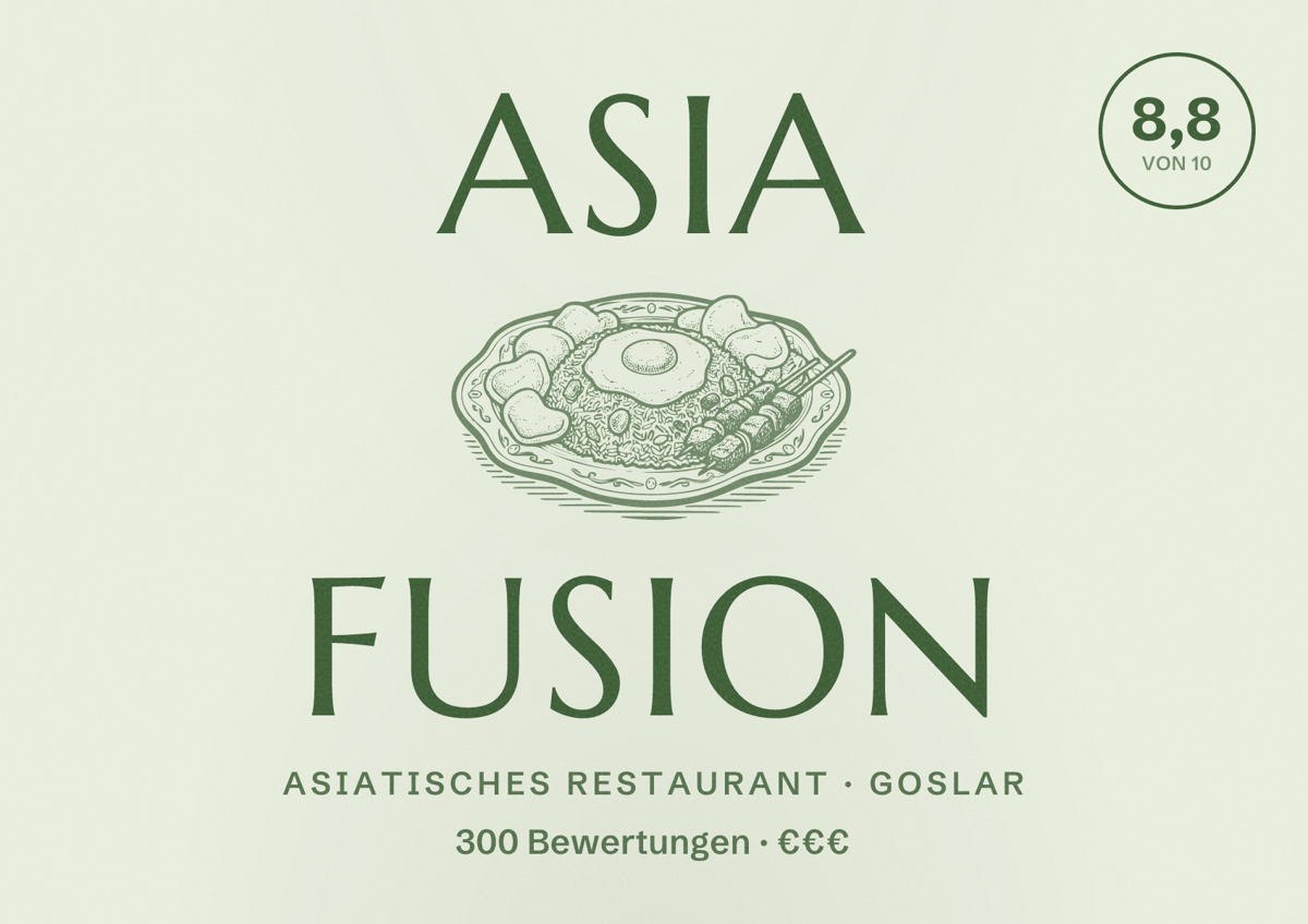 Illustriertes Poster von Asia Fusion, Asiatisches Restaurant in Goslar: Bewertung 8,8 von 10 aus 300 Bewertungen, Preisniveau €€€