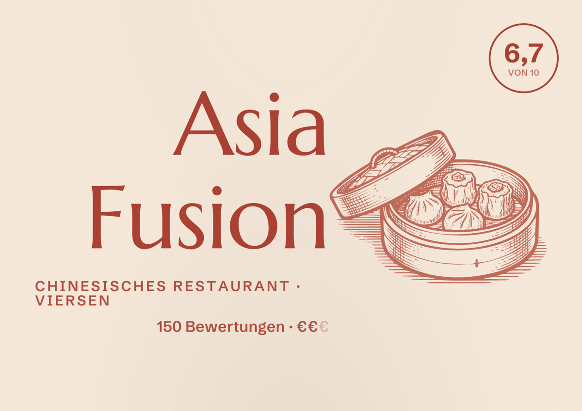 Illustriertes Poster von Asia Fusion, Chinesisches Restaurant in Viersen: Bewertung 6,7 von 10 aus 150 Bewertungen, Preisniveau €€