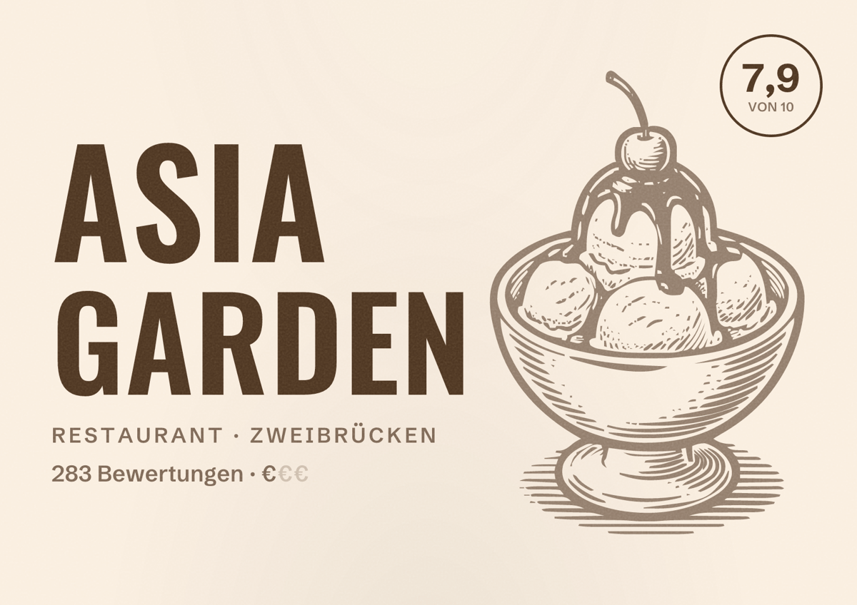 Illustriertes Poster von Asia Garden, Restaurant in Zweibrücken: Bewertung 7,9 von 10 aus 283 Bewertungen, Preisniveau €