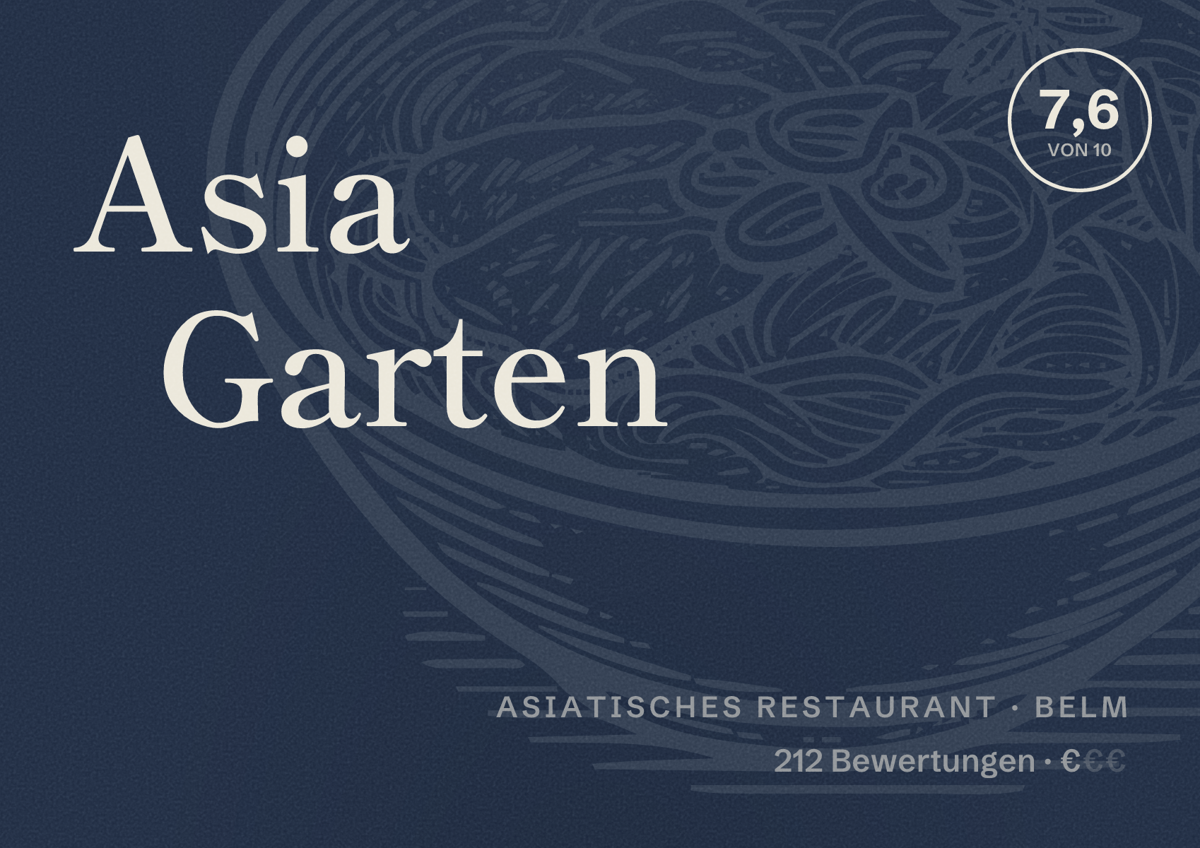 Illustriertes Poster von Asia Garten, Asiatisches Restaurant in Belm: Bewertung 7,6 von 10 aus 212 Bewertungen, Preisniveau €