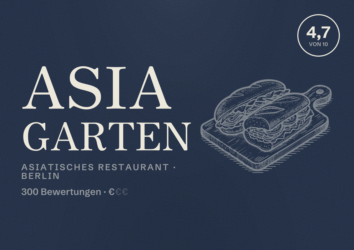Illustriertes Poster von Asia Garten, Asiatisches Restaurant in Berlin: Bewertung 4,7 von 10 aus 300 Bewertungen, Preisniveau €