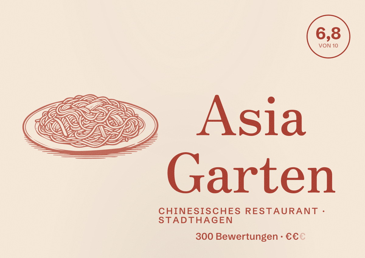 Illustriertes Poster von Asia Garten, Chinesisches Restaurant in Stadthagen: Bewertung 6,8 von 10 aus 300 Bewertungen, Preisniveau €€