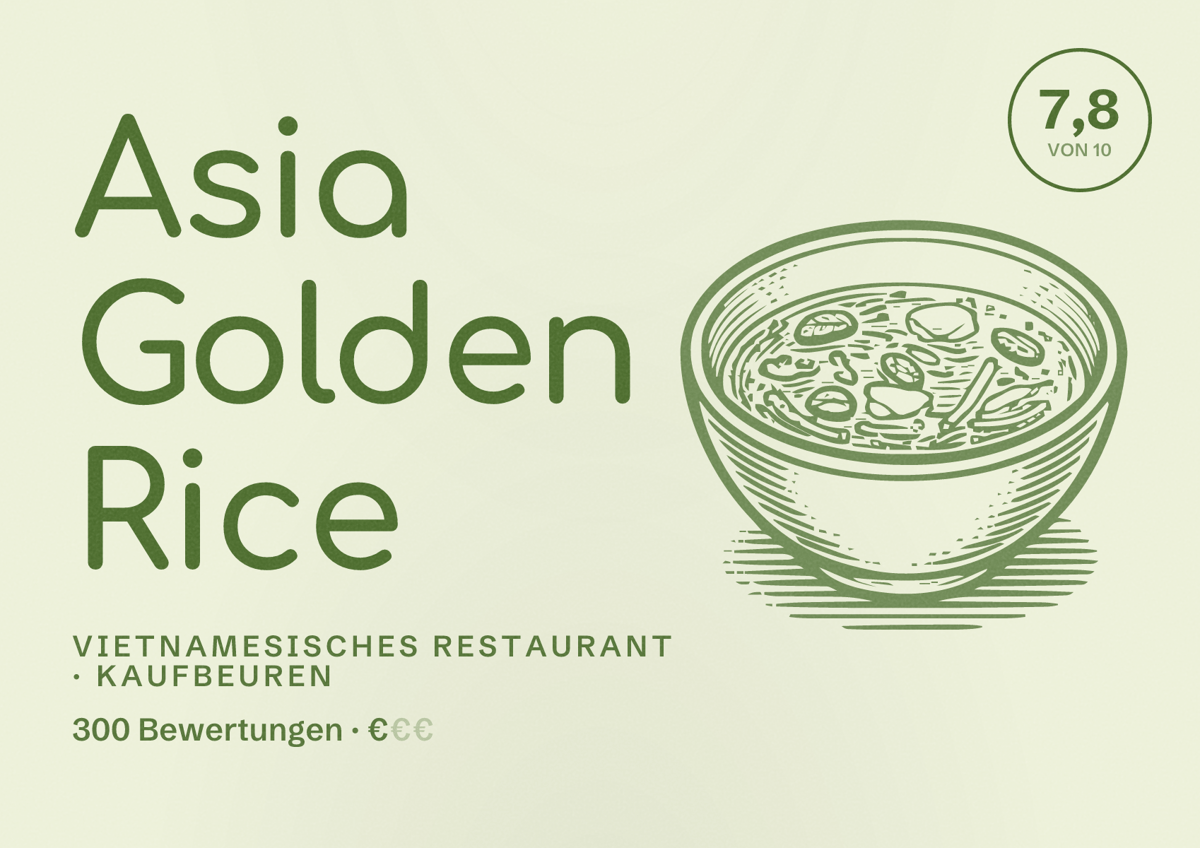 Illustriertes Poster von Asia Golden Rice, Vietnamesisches Restaurant in Kaufbeuren: Bewertung 7,8 von 10 aus 300 Bewertungen, Preisniveau €