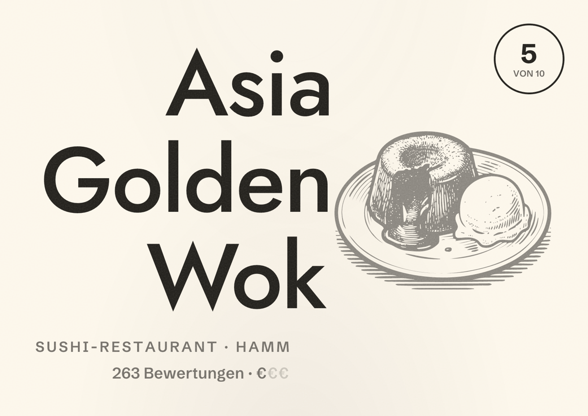 Illustriertes Poster von Asia Golden Wok, Sushi-Restaurant in Hamm: Bewertung 5 von 10 aus 263 Bewertungen, Preisniveau €