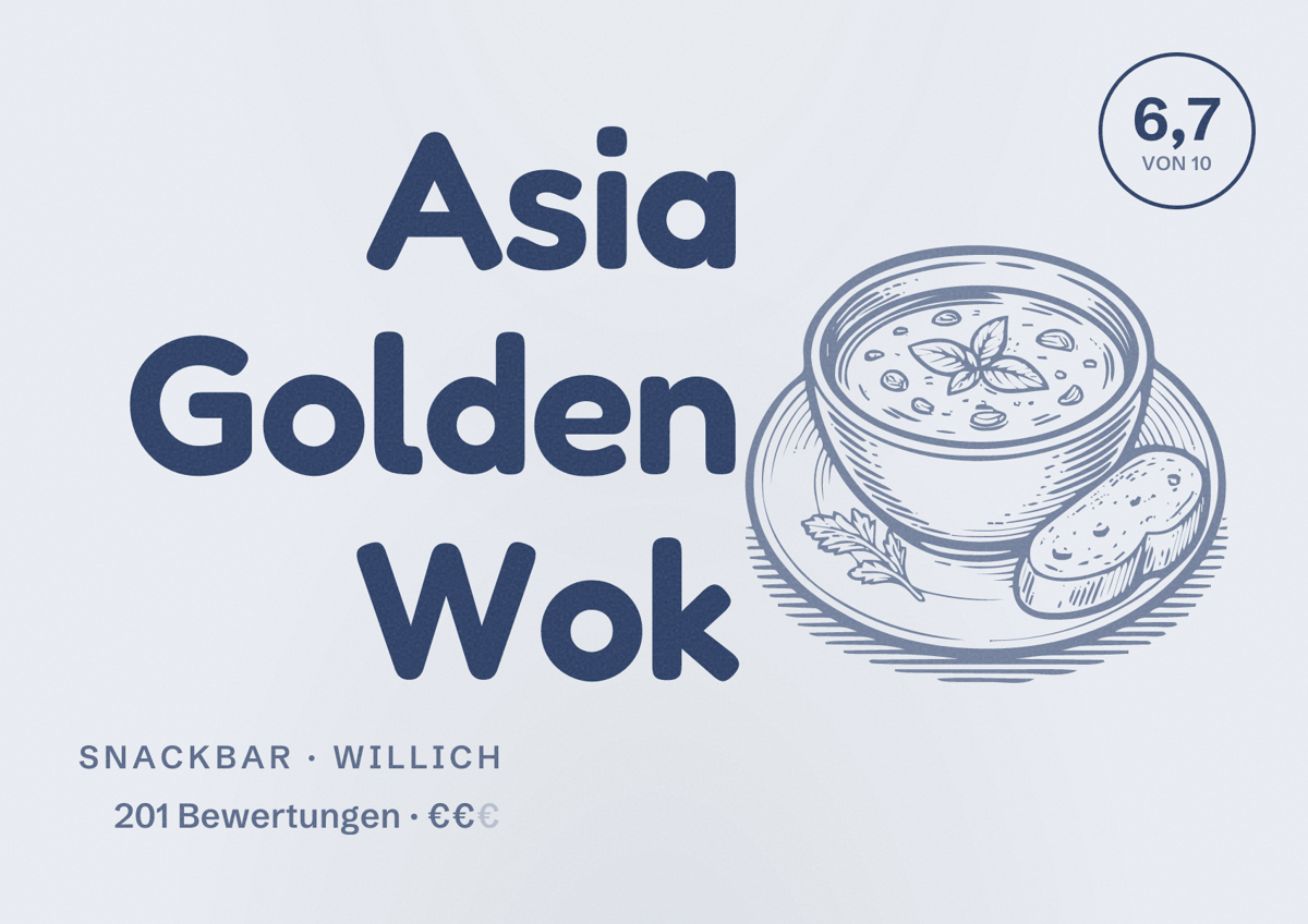Illustriertes Poster von Asia Golden Wok, Snackbar in Willich: Bewertung 6,7 von 10 aus 201 Bewertungen, Preisniveau €€