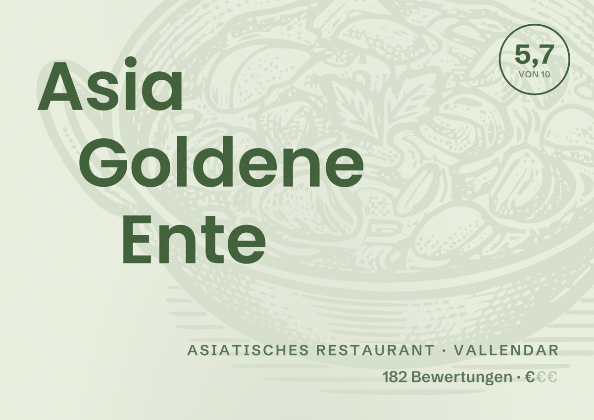 Illustriertes Poster von Asia Goldene Ente, Asiatisches Restaurant in Vallendar: Bewertung 5,7 von 10 aus 182 Bewertungen, Preisniveau €