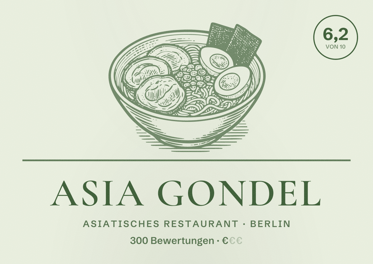 Illustriertes Poster von Asia Gondel, Asiatisches Restaurant in Berlin: Bewertung 6,2 von 10 aus 300 Bewertungen, Preisniveau €