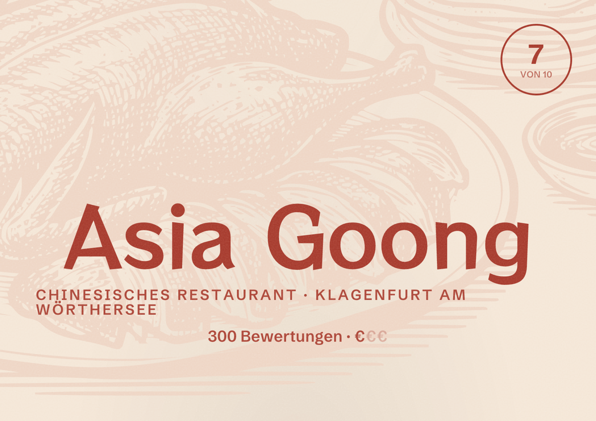 Illustriertes Poster von Asia Goong, Chinesisches Restaurant in Klagenfurt am Wörthersee: Bewertung 7 von 10 aus 300 Bewertungen, Preisniveau €