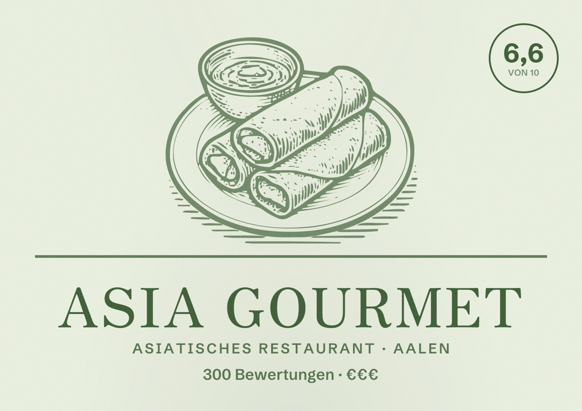 Illustriertes Poster von Asia Gourmet, Asiatisches Restaurant in Aalen: Bewertung 6,6 von 10 aus 300 Bewertungen, Preisniveau €€€