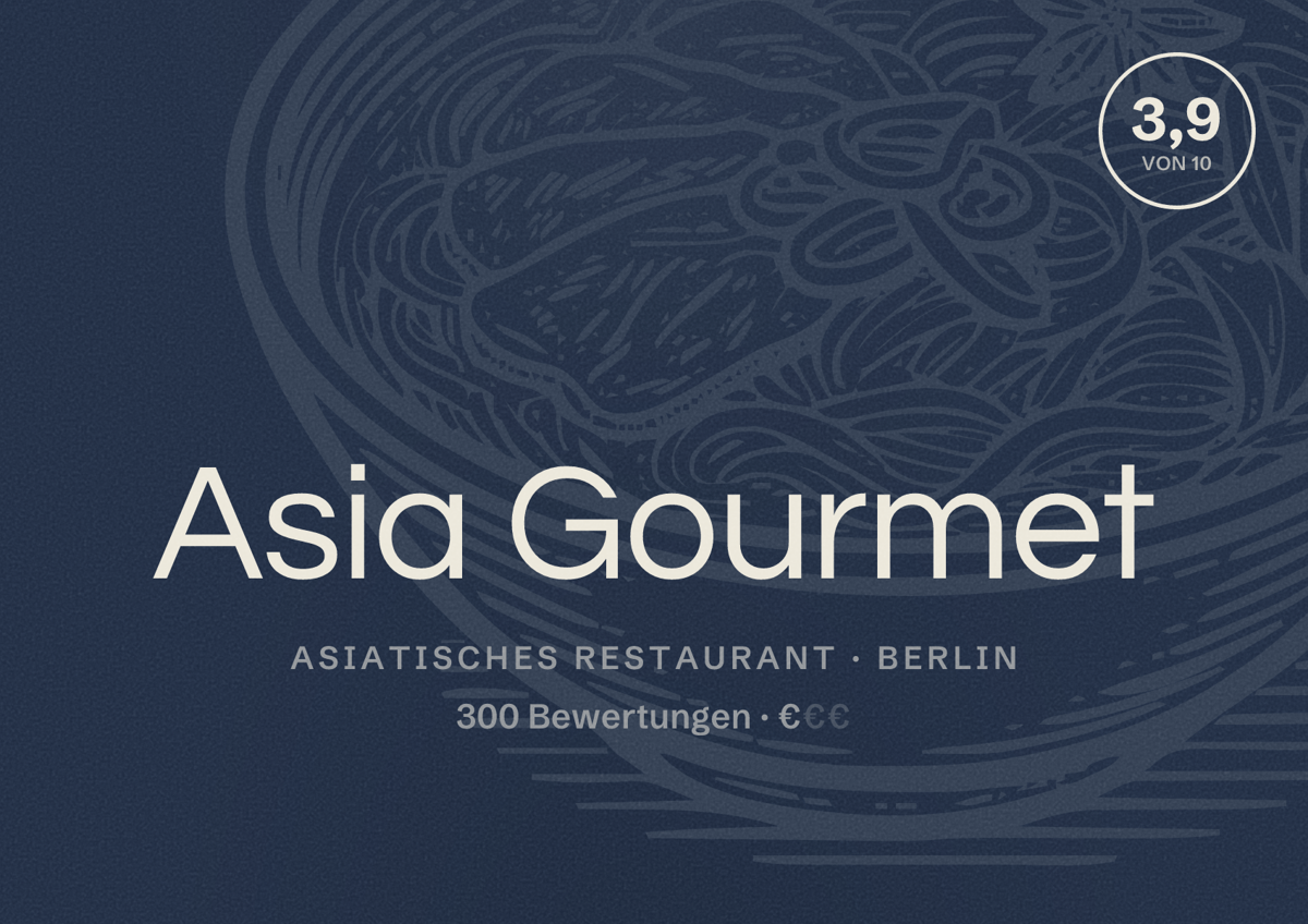 Illustriertes Poster von Asia Gourmet, Asiatisches Restaurant in Berlin: Bewertung 3,9 von 10 aus 300 Bewertungen, Preisniveau €