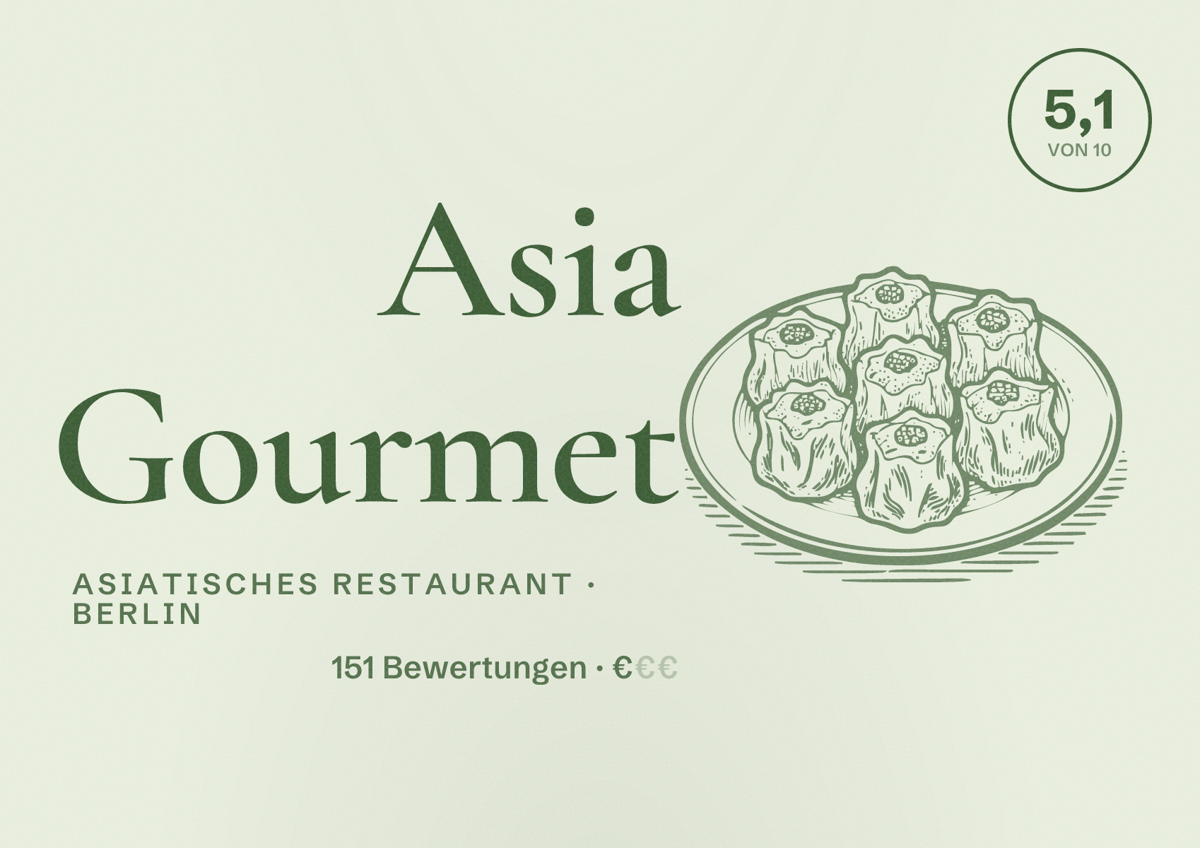 Illustriertes Poster von Asia Gourmet, Asiatisches Restaurant in Berlin: Bewertung 5,1 von 10 aus 151 Bewertungen, Preisniveau €