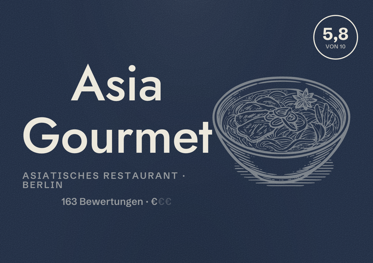 Illustriertes Poster von Asia Gourmet, Asiatisches Restaurant in Berlin: Bewertung 5,8 von 10 aus 163 Bewertungen, Preisniveau €