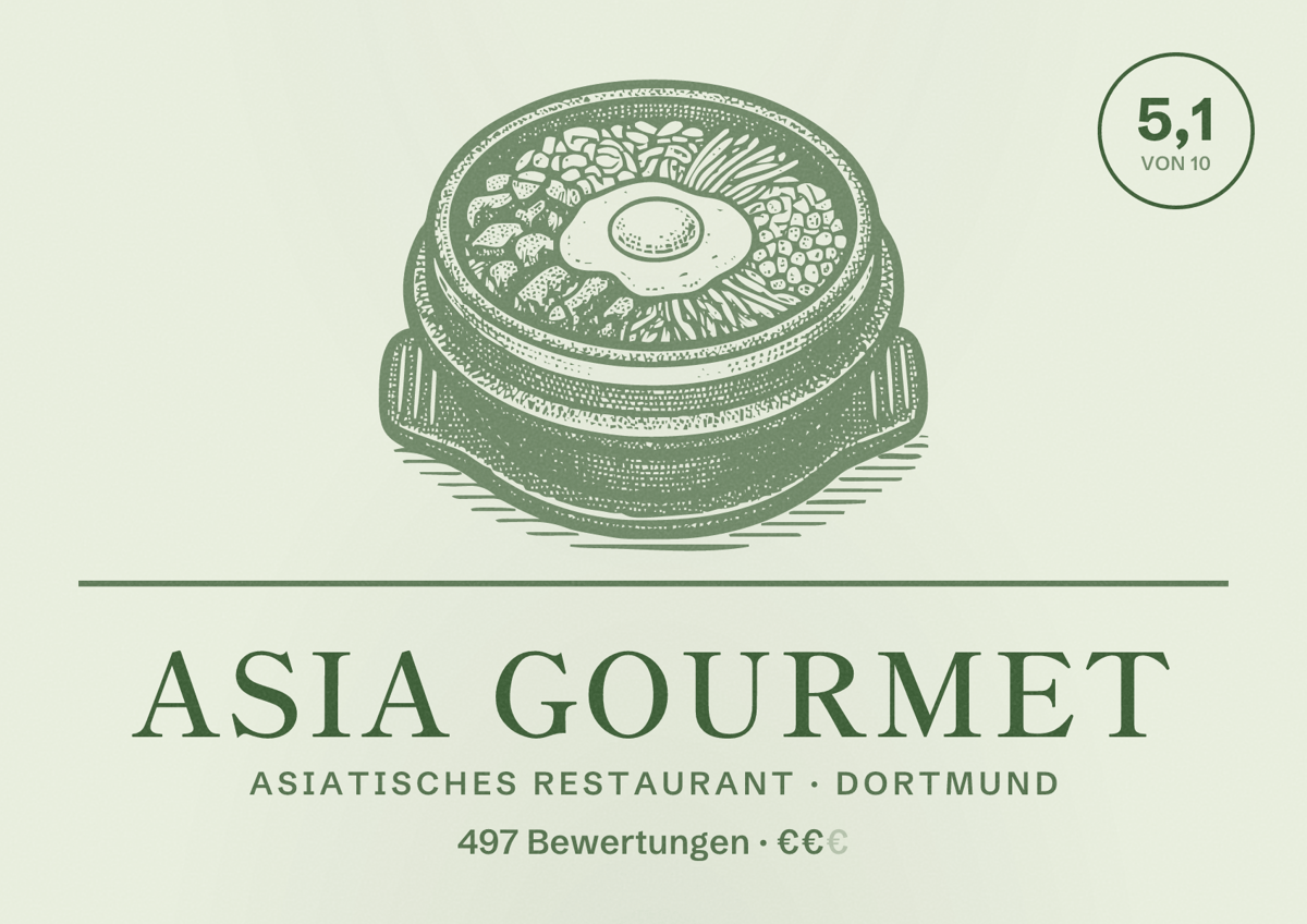 Illustriertes Poster von Asia Gourmet, Asiatisches Restaurant in Dortmund: Gästebewertung 5,1 von 10 aus 497 Bewertungen