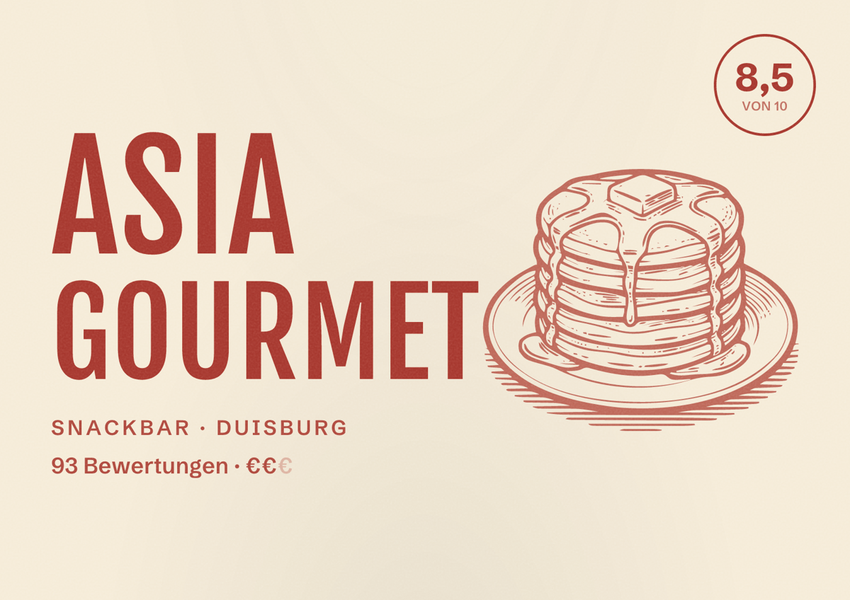 Illustriertes Poster von ASIA GOURMET, Snackbar in Duisburg: Gästebewertung 8,5 von 10 aus 93 Bewertungen