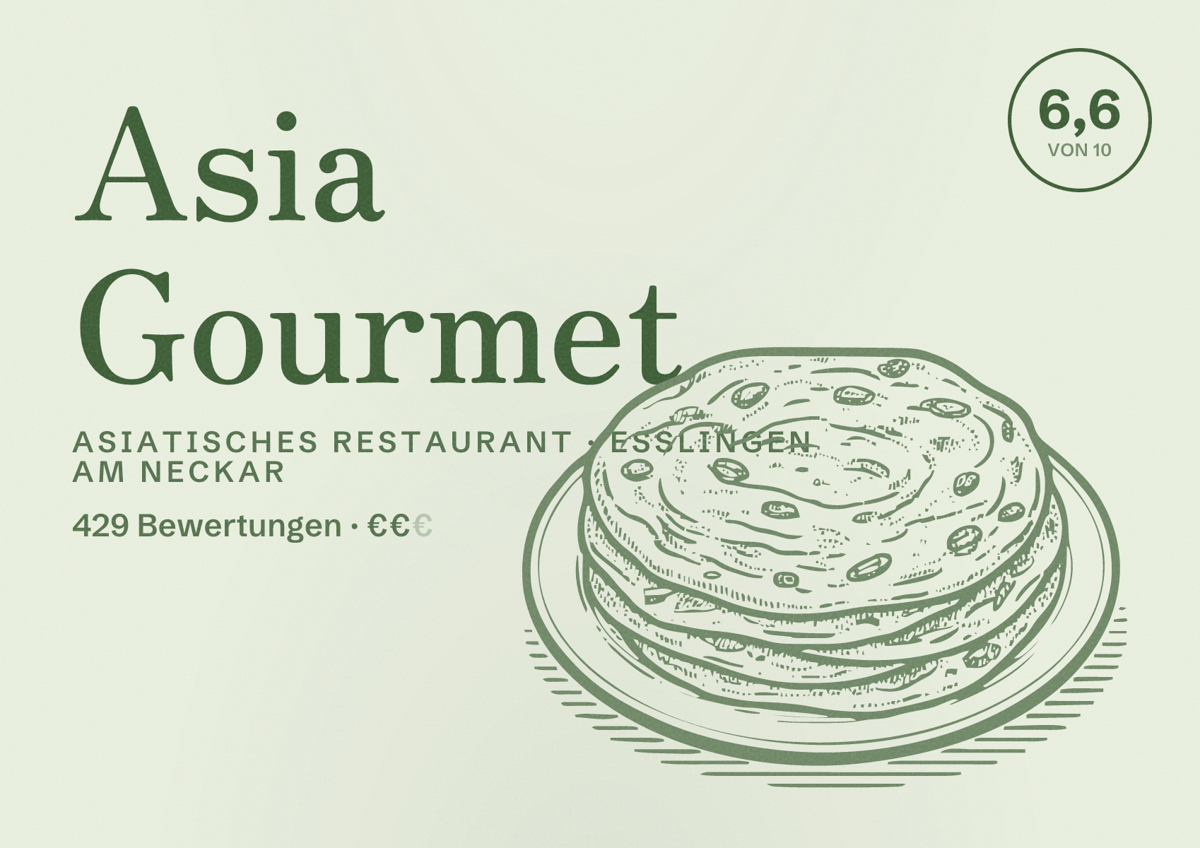 Illustriertes Poster von Asia Gourmet, Asiatisches Restaurant in Esslingen am Neckar: Bewertung 6,6 von 10 aus 429 Bewertungen, Preisniveau €€