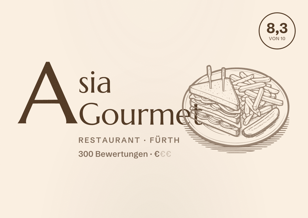 Illustriertes Poster von Asia Gourmet, Restaurant in Fürth: Bewertung 8,3 von 10 aus 300 Bewertungen, Preisniveau €