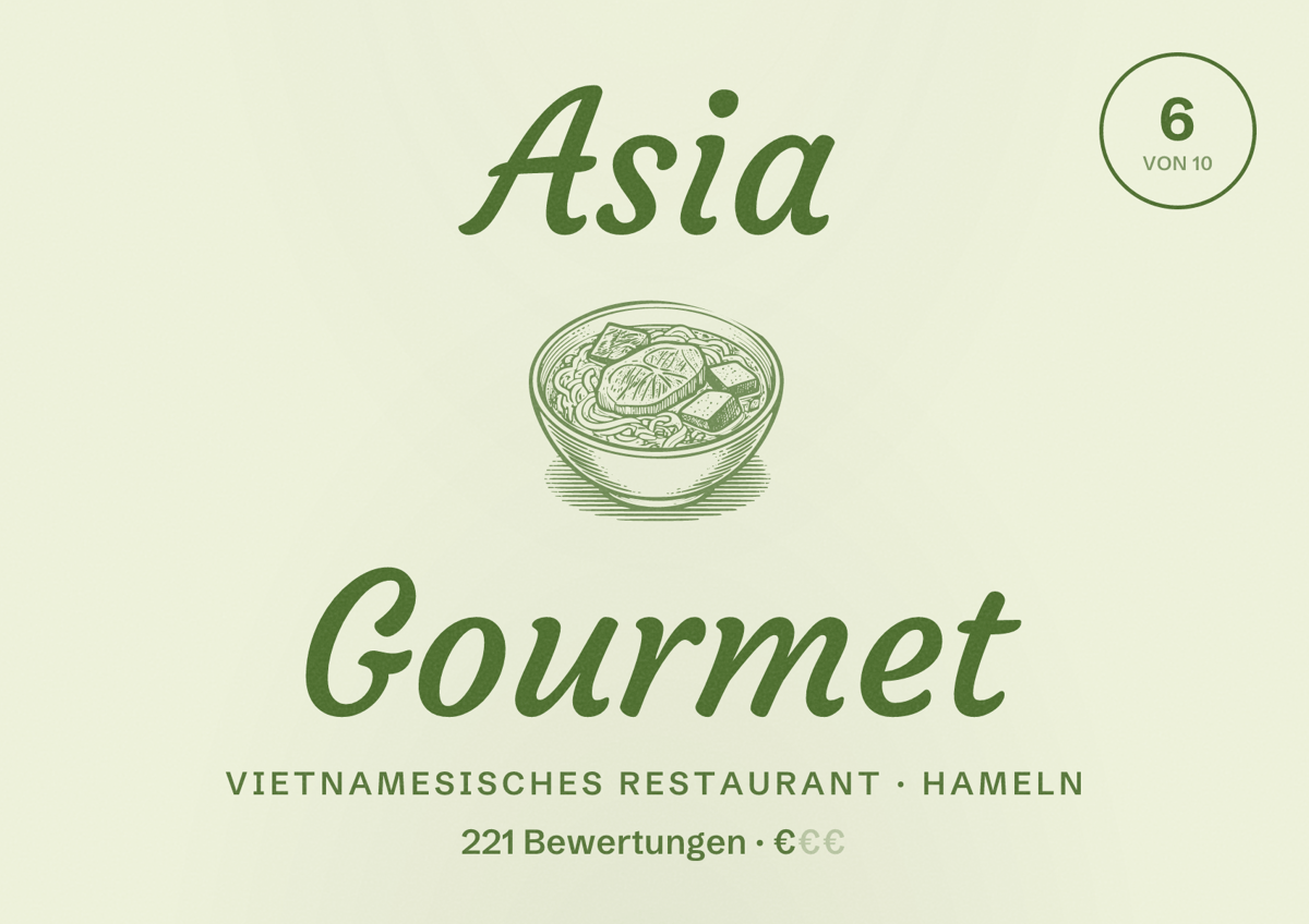 Illustriertes Poster von Asia Gourmet, Vietnamesisches Restaurant in Hameln: Bewertung 6 von 10 aus 221 Bewertungen, Preisniveau €