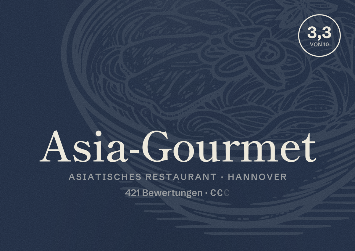 Illustriertes Poster von Asia-Gourmet, Asiatisches Restaurant in Hannover: Bewertung 3,3 von 10 aus 421 Bewertungen, Preisniveau €€