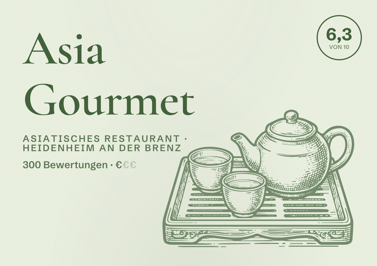 Illustriertes Poster von Asia Gourmet, Asiatisches Restaurant in Heidenheim an der Brenz: Bewertung 6,3 von 10 aus 300 Bewertungen, Preisniveau €