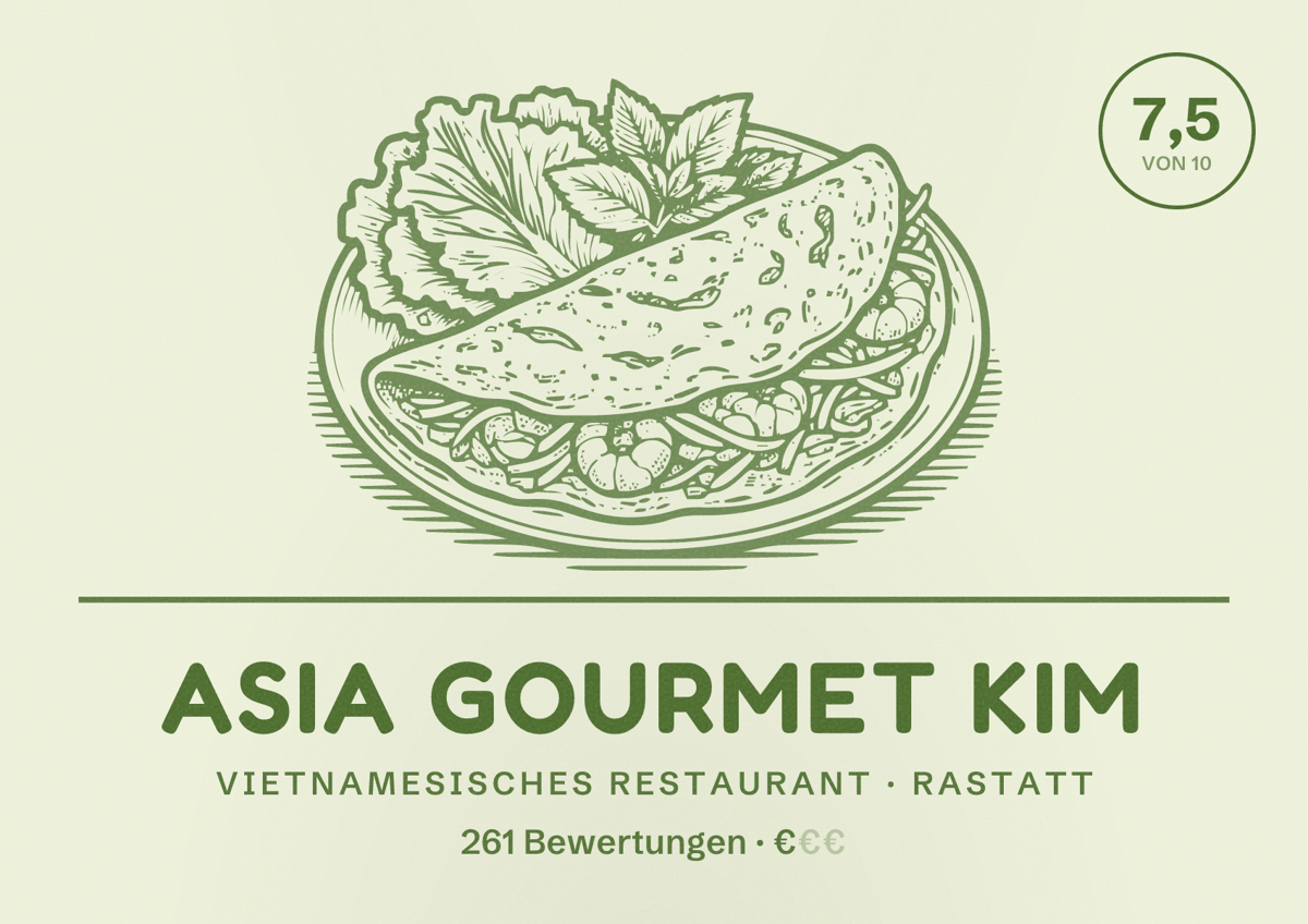 Illustriertes Poster von Asia Gourmet Kim, Vietnamesisches Restaurant in Rastatt: Bewertung 7,5 von 10 aus 261 Bewertungen, Preisniveau €