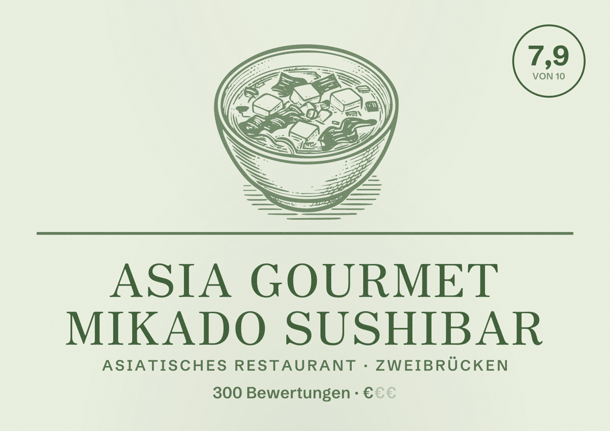 Illustriertes Poster von Asia Gourmet Mikado Sushibar, Asiatisches Restaurant in Zweibrücken: Bewertung 7,9 von 10 aus 300 Bewertungen, Preisniveau €