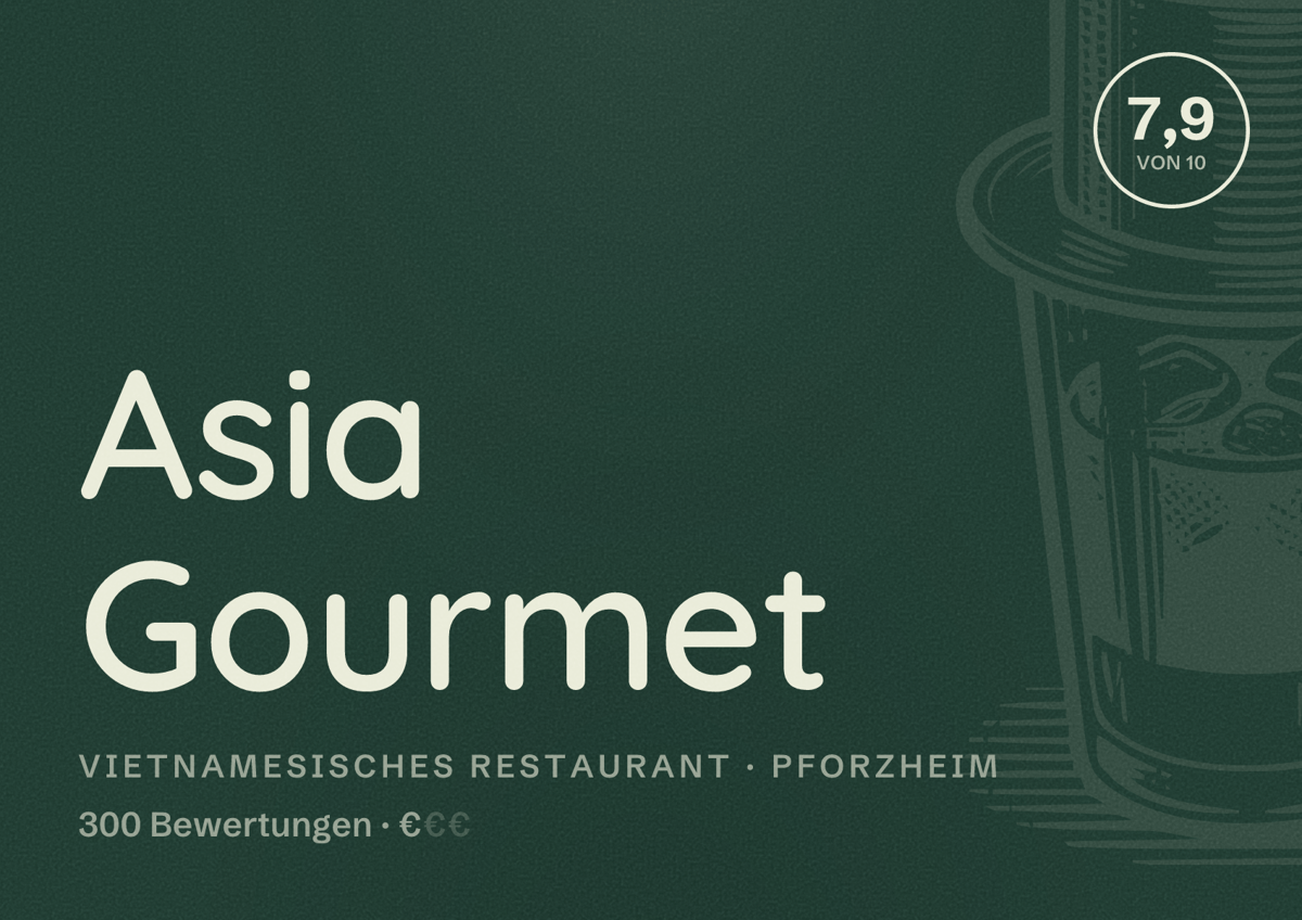 Illustriertes Poster von Asia Gourmet, Vietnamesisches Restaurant in Pforzheim: Bewertung 7,9 von 10 aus 300 Bewertungen, Preisniveau €