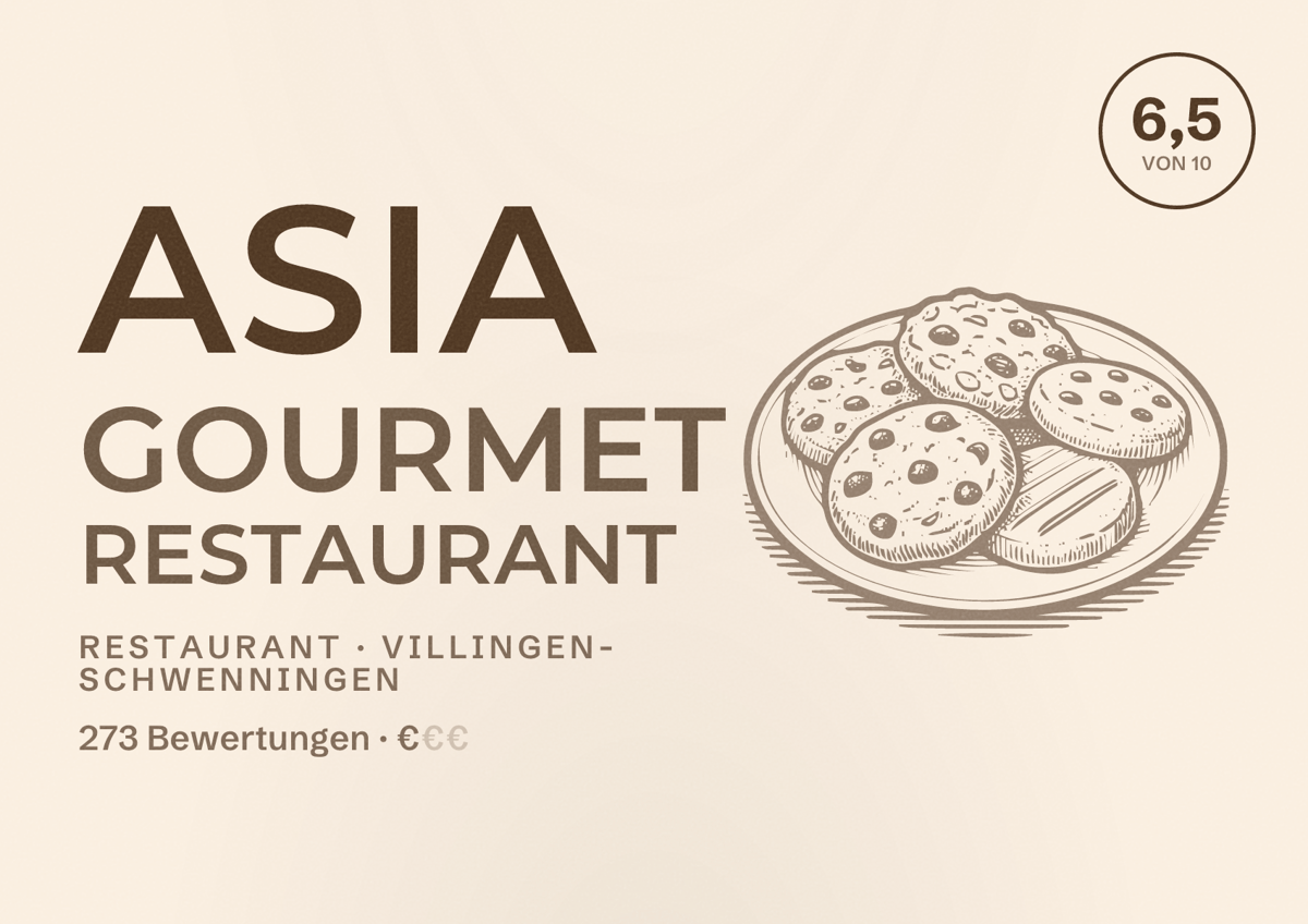 Illustriertes Poster von Asia Gourmet Restaurant, Restaurant in Villingen-Schwenningen: Bewertung 6,5 von 10 aus 273 Bewertungen, Preisniveau €