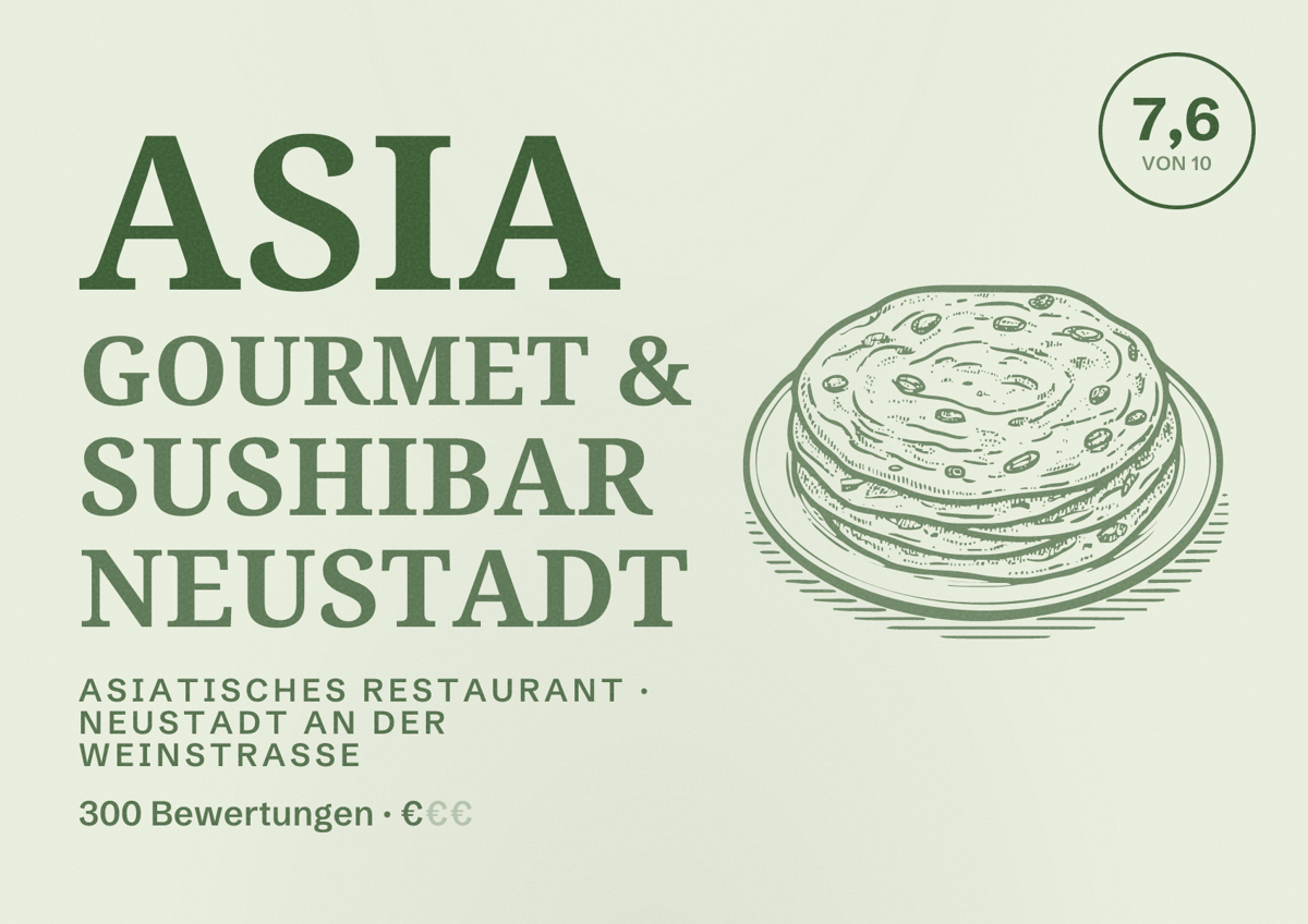 Illustriertes Poster von Asia Gourmet & Sushibar Neustadt, Asiatisches Restaurant in Neustadt an der Weinstraße: Bewertung 7,6 von 10 aus 300 Bewertungen, Preisniveau €