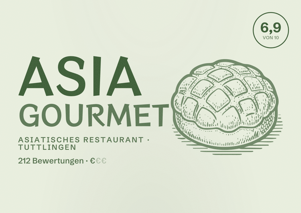 Illustriertes Poster von Asia Gourmet, Asiatisches Restaurant in Tuttlingen: Bewertung 6,9 von 10 aus 212 Bewertungen, Preisniveau €