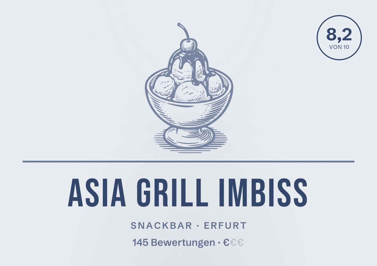 Illustriertes Poster von Asia Grill Imbiss, Snackbar in Erfurt: Bewertung 8,2 von 10 aus 145 Bewertungen, Preisniveau €