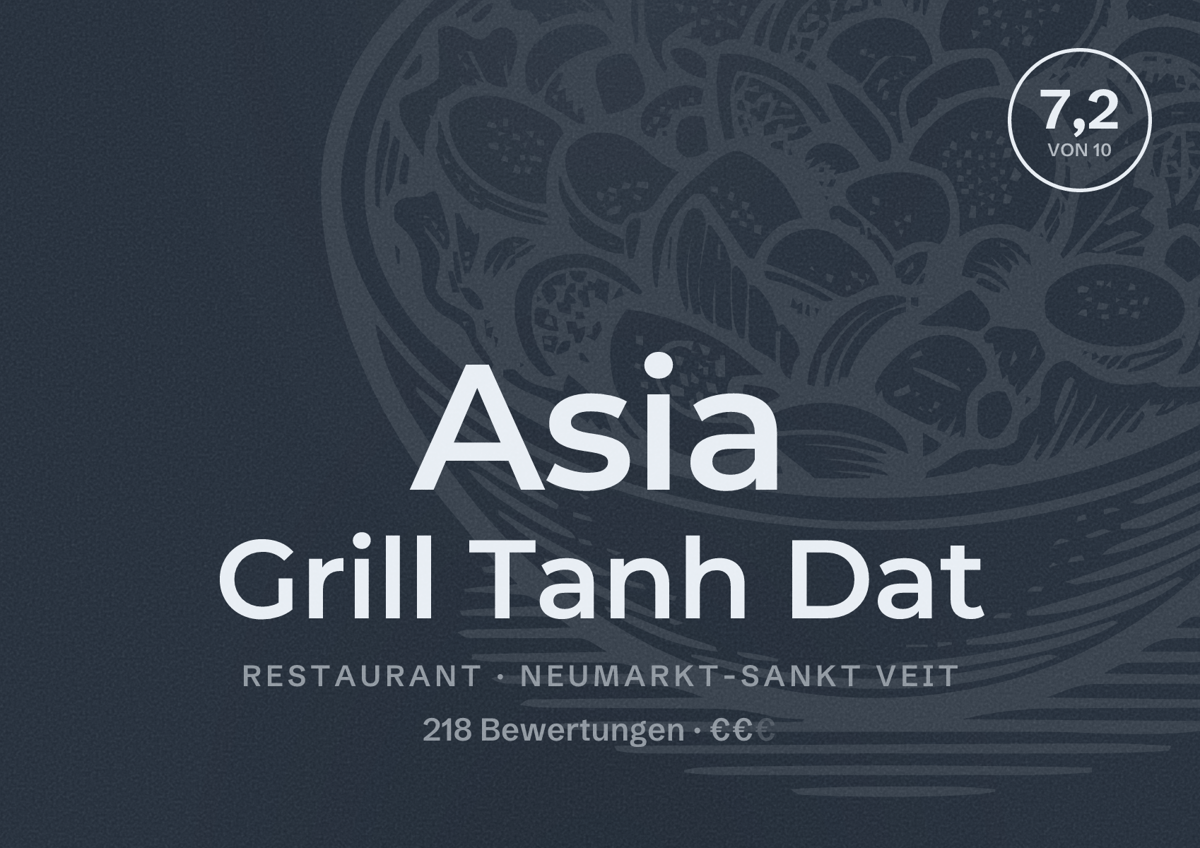 Illustriertes Poster von Asia Grill Tanh Dat, Restaurant in Neumarkt-Sankt Veit: Bewertung 7,2 von 10 aus 218 Bewertungen, Preisniveau €€