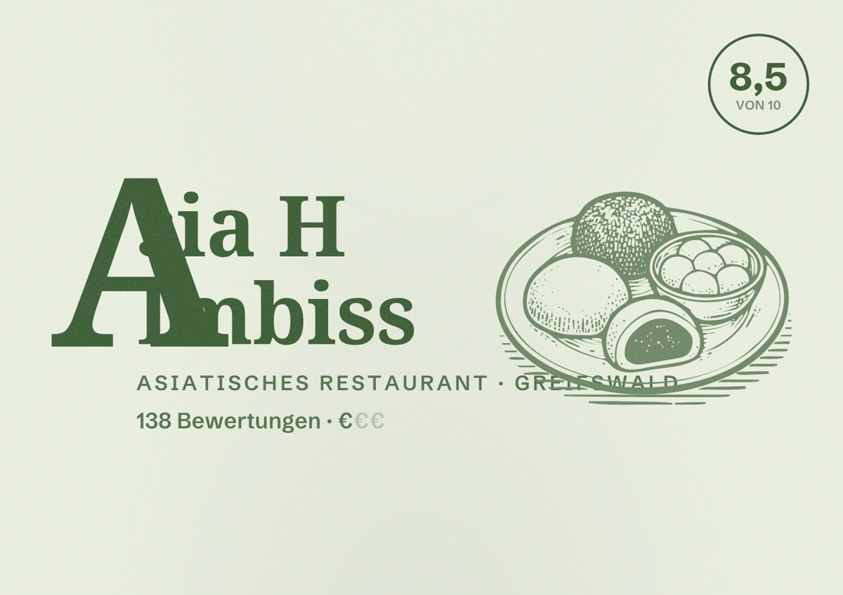 Illustriertes Poster von Asia H Imbiss, Asiatisches Restaurant in Greifswald: Bewertung 8,5 von 10 aus 138 Bewertungen, Preisniveau €