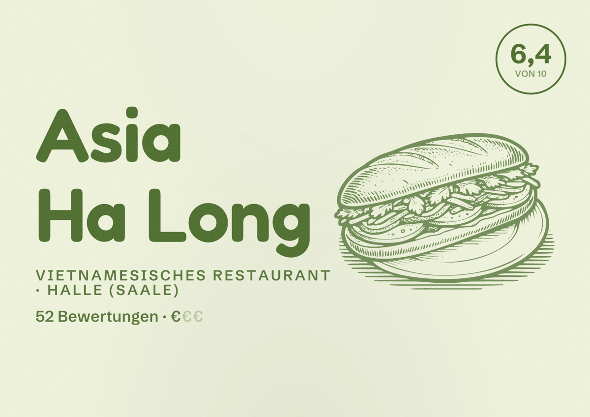 Illustriertes Poster von Asia Ha Long, Vietnamesisches Restaurant in Halle (Saale): Bewertung 6,4 von 10 aus 52 Bewertungen, Preisniveau €