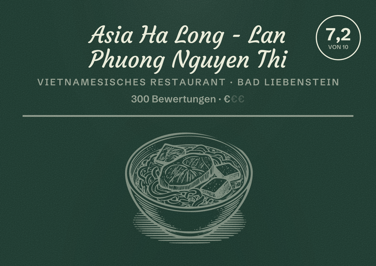 Illustriertes Poster von Asia Ha Long - Lan Phuong Nguyen Thi, Vietnamesisches Restaurant in Bad Liebenstein: Bewertung 7,2 von 10 aus 300 Bewertungen, Preisniveau €