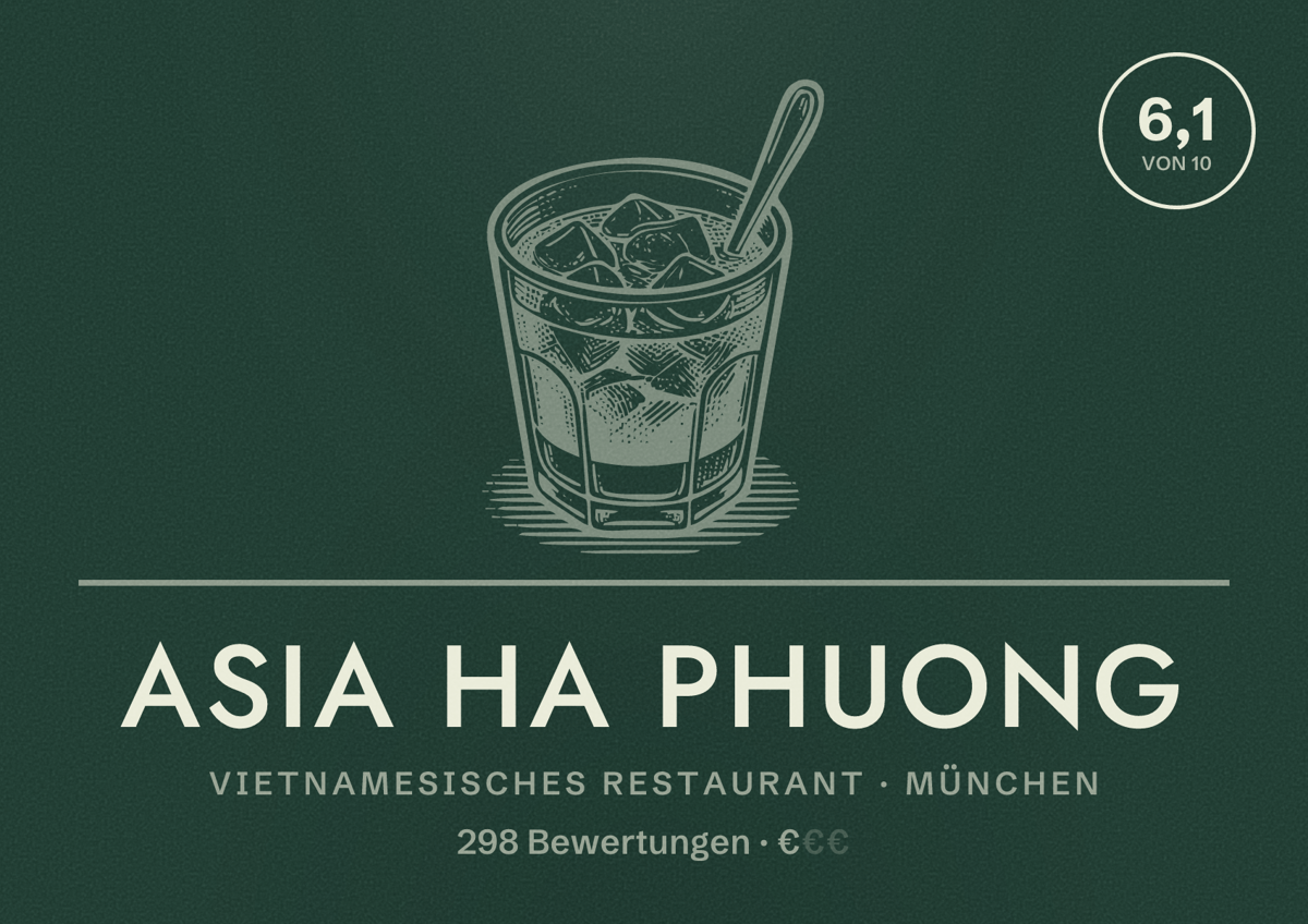 Illustriertes Poster von Asia Ha Phuong, Vietnamesisches Restaurant in München: Bewertung 6,1 von 10 aus 298 Bewertungen, Preisniveau €