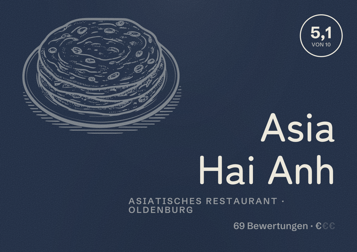 Illustriertes Poster von Asia Hai Anh, Asiatisches Restaurant in Oldenburg: Bewertung 5,1 von 10 aus 69 Bewertungen, Preisniveau €