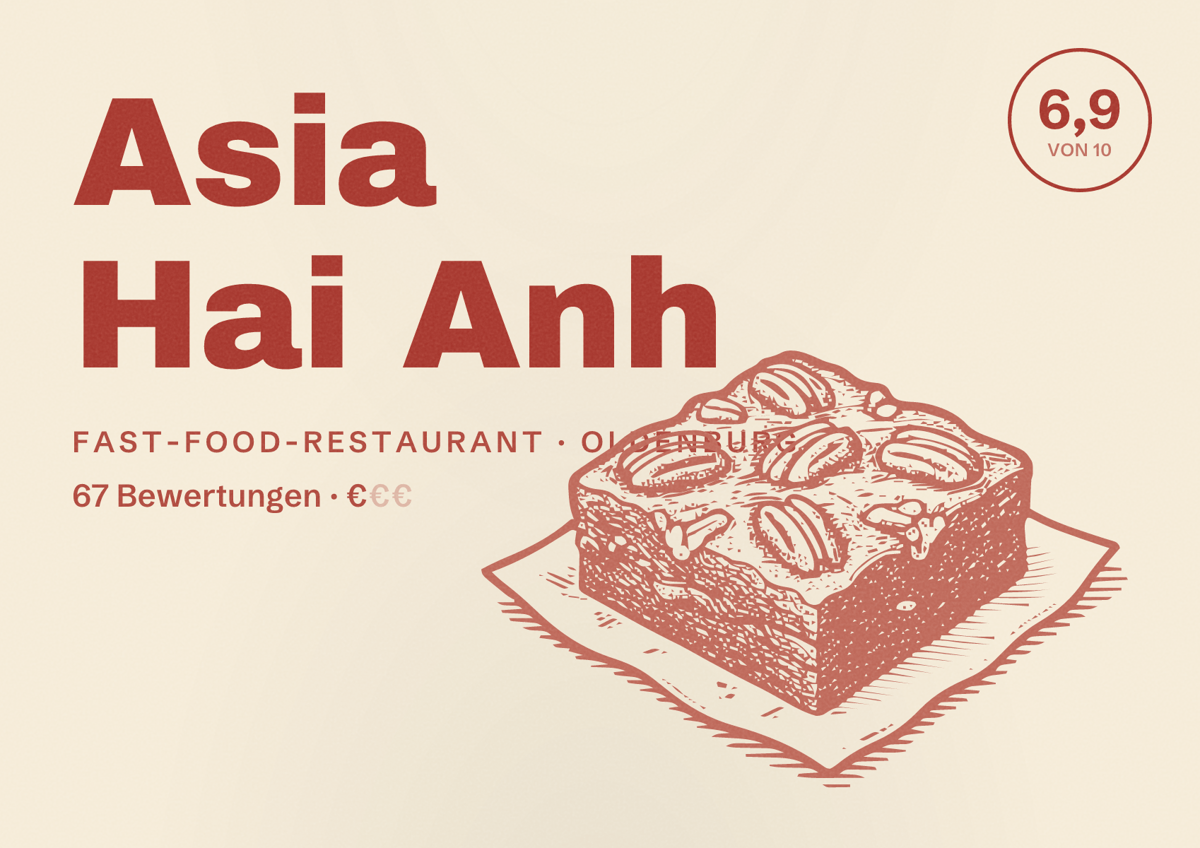 Illustriertes Poster von Asia Hai Anh, Fast-Food-Restaurant in Oldenburg: Bewertung 6,9 von 10 aus 67 Bewertungen, Preisniveau €