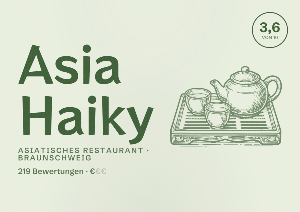Illustriertes Poster von Asia Haiky, Asiatisches Restaurant in Braunschweig: Bewertung 3,6 von 10 aus 219 Bewertungen, Preisniveau €