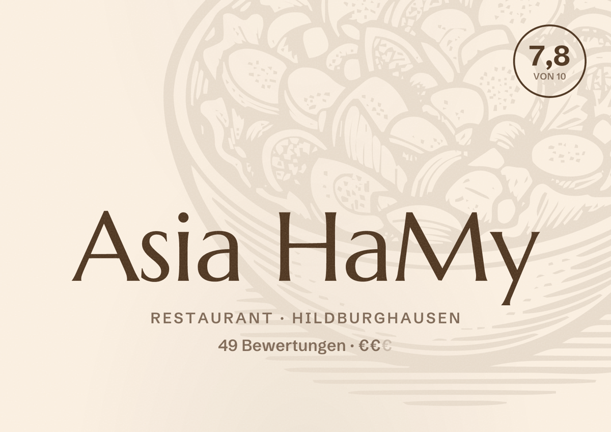 Illustriertes Poster von Asia HaMy, Restaurant in Hildburghausen: Bewertung 7,8 von 10 aus 49 Bewertungen, Preisniveau €€