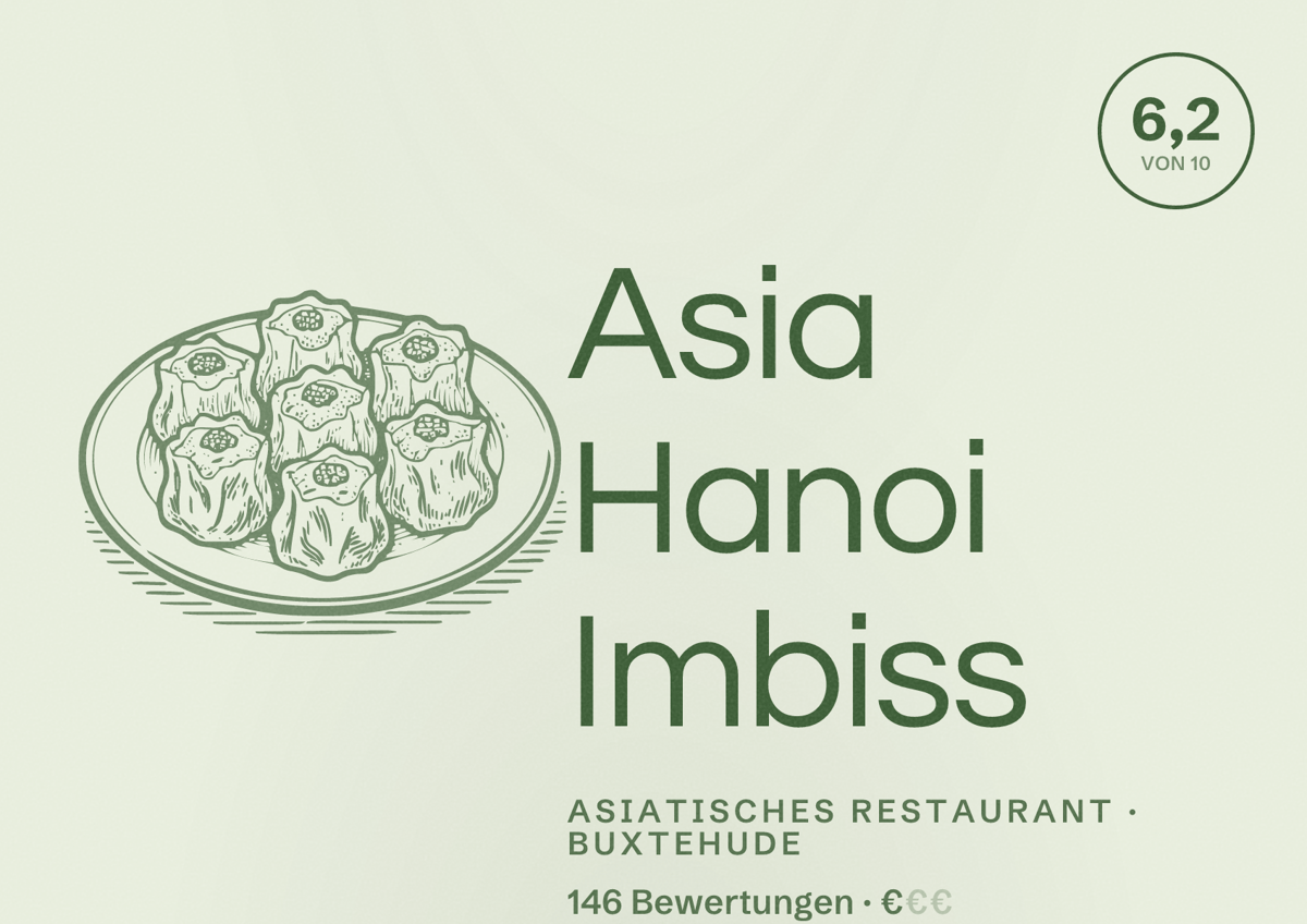 Illustriertes Poster von Asia Hanoi Imbiss, Asiatisches Restaurant in Buxtehude: Bewertung 6,2 von 10 aus 146 Bewertungen, Preisniveau €