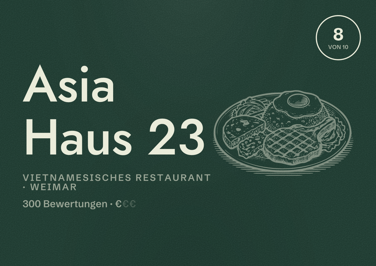 Illustriertes Poster von Asia Haus 23, Vietnamesisches Restaurant in Weimar: Bewertung 8 von 10 aus 300 Bewertungen, Preisniveau €