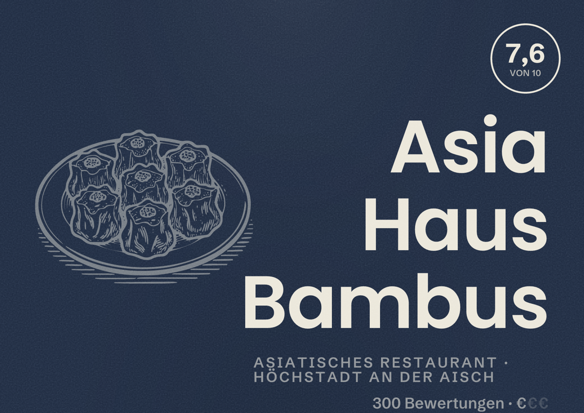 Illustriertes Poster von Asia Haus Bambus, Asiatisches Restaurant in Höchstadt an der Aisch: Bewertung 7,6 von 10 aus 300 Bewertungen, Preisniveau €
