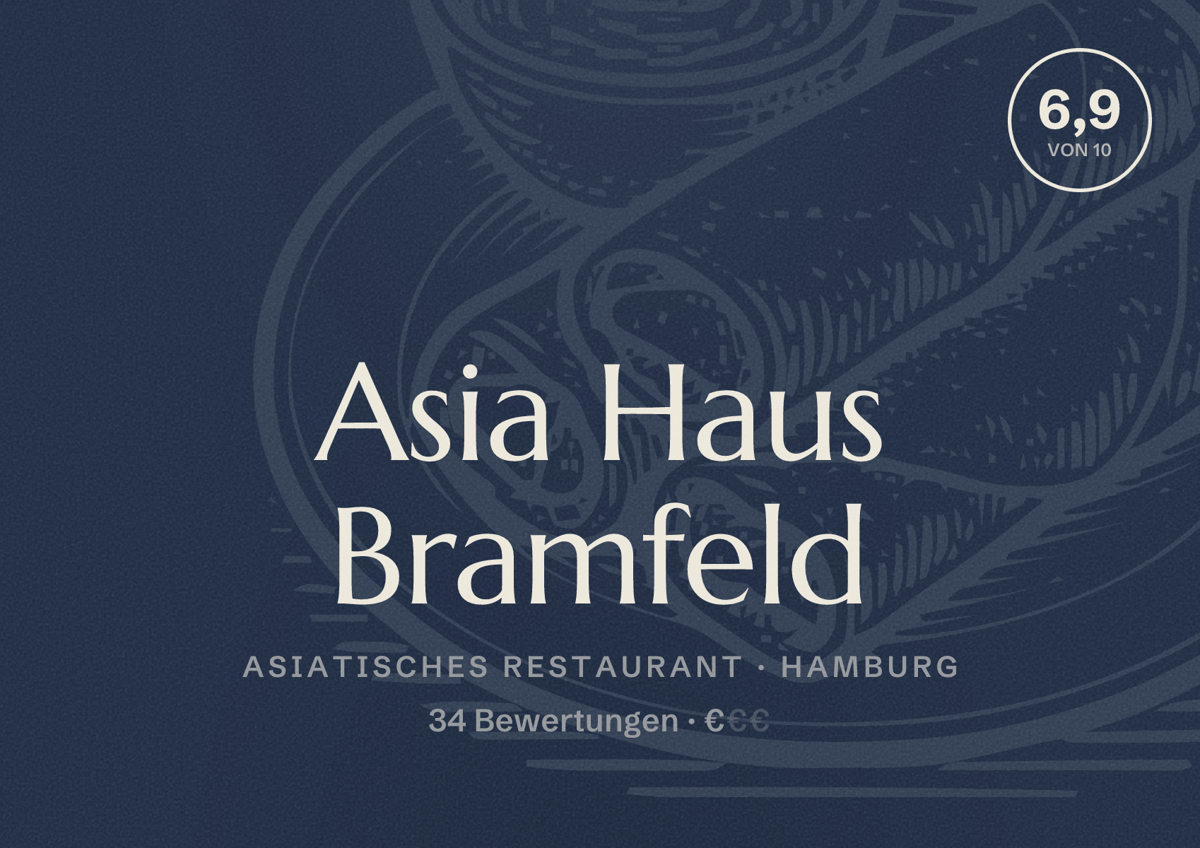 Illustriertes Poster von Asia Haus Bramfeld, Asiatisches Restaurant in Hamburg: Bewertung 6,9 von 10 aus 34 Bewertungen, Preisniveau €