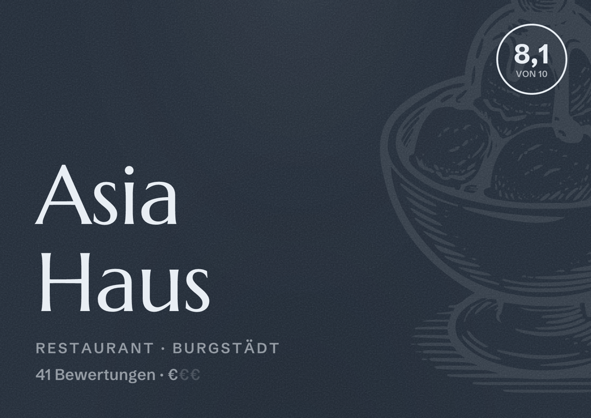 Illustriertes Poster von Asia Haus, Restaurant in Burgstädt: Bewertung 8,1 von 10 aus 41 Bewertungen, Preisniveau €