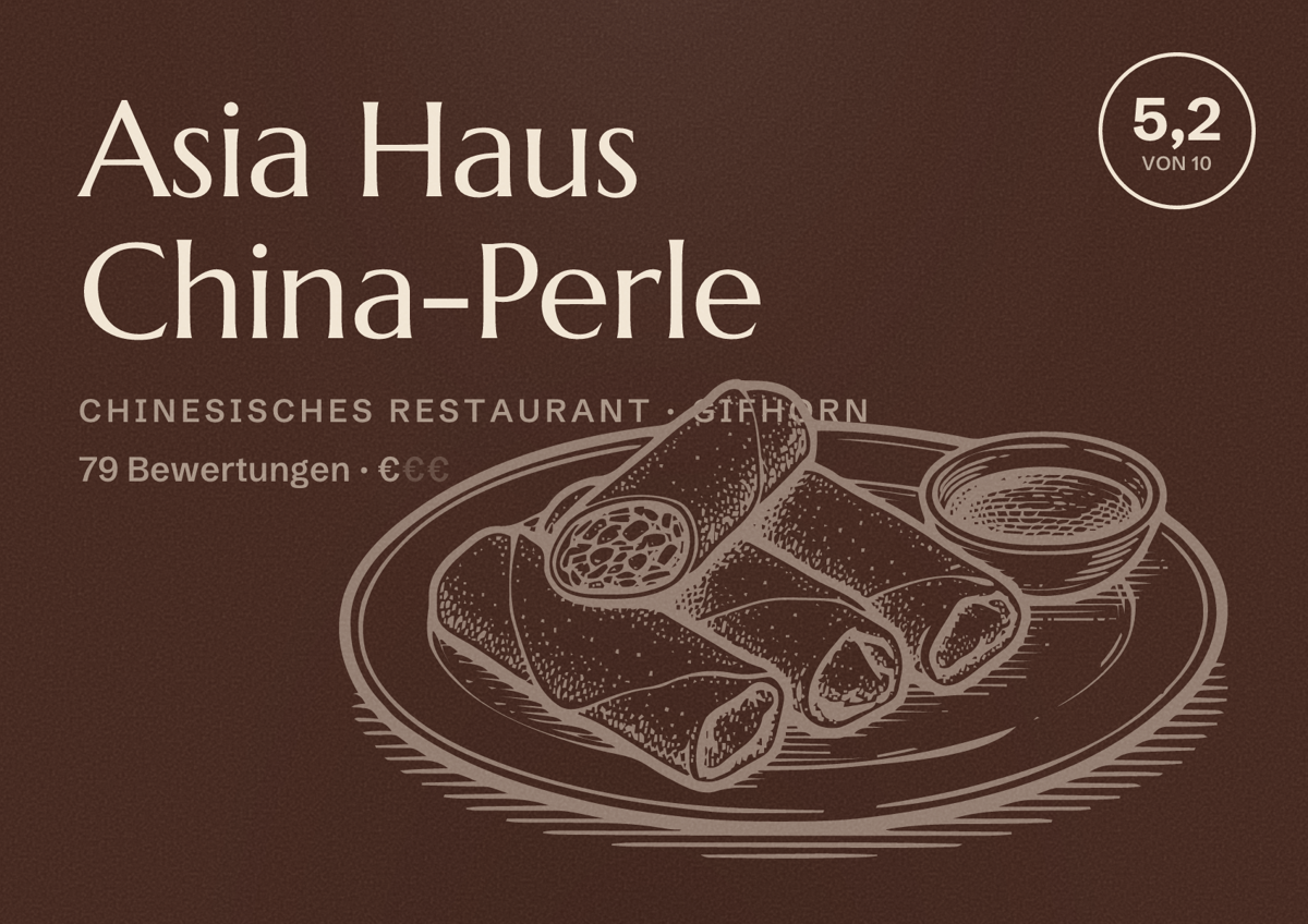 Illustriertes Poster von Asia Haus China-Perle, Chinesisches Restaurant in Gifhorn: Bewertung 5,2 von 10 aus 79 Bewertungen, Preisniveau €